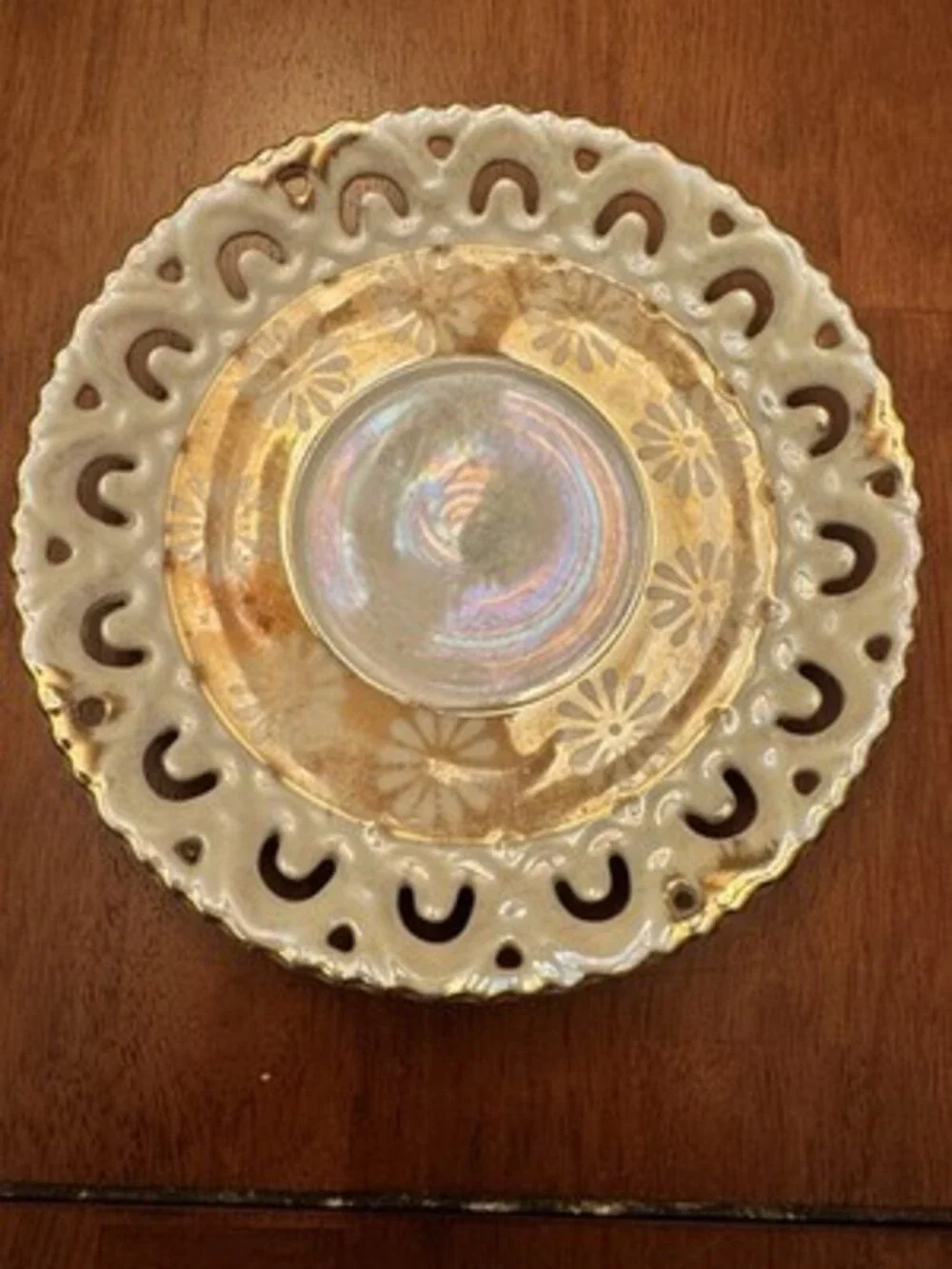 Vintage Japan Lusterware Pierced Rim Plate Gold Floral Dessert Plate